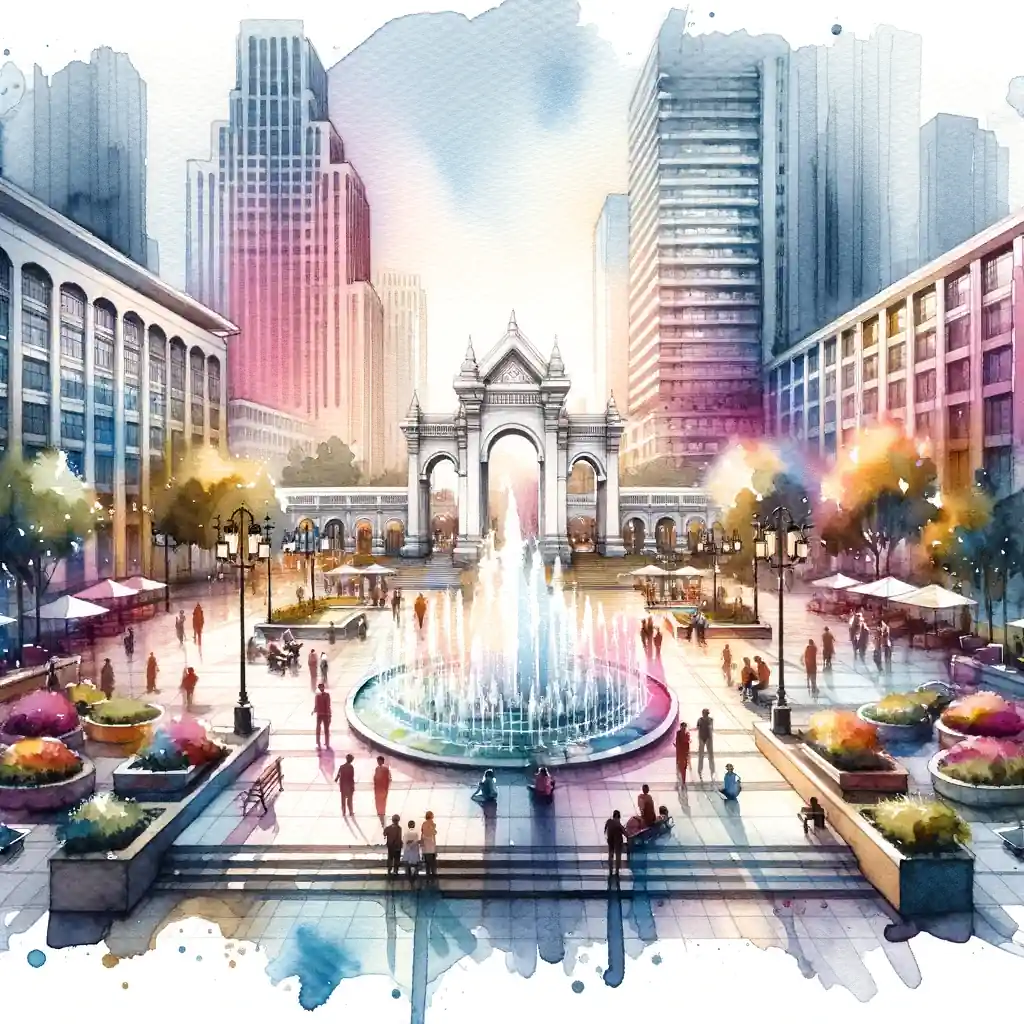 A stunning watercolor painting capturing the beauty of a city fountain.