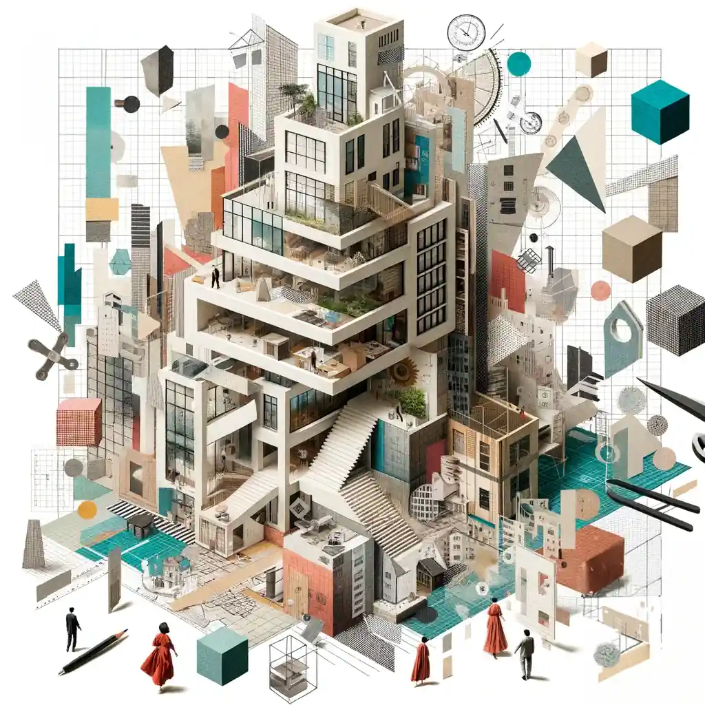 An architectural collage rendering of a building surrounded by geometric shapes.
