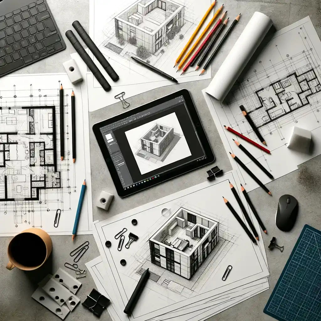 A desk with architectural drawings and a tablet.