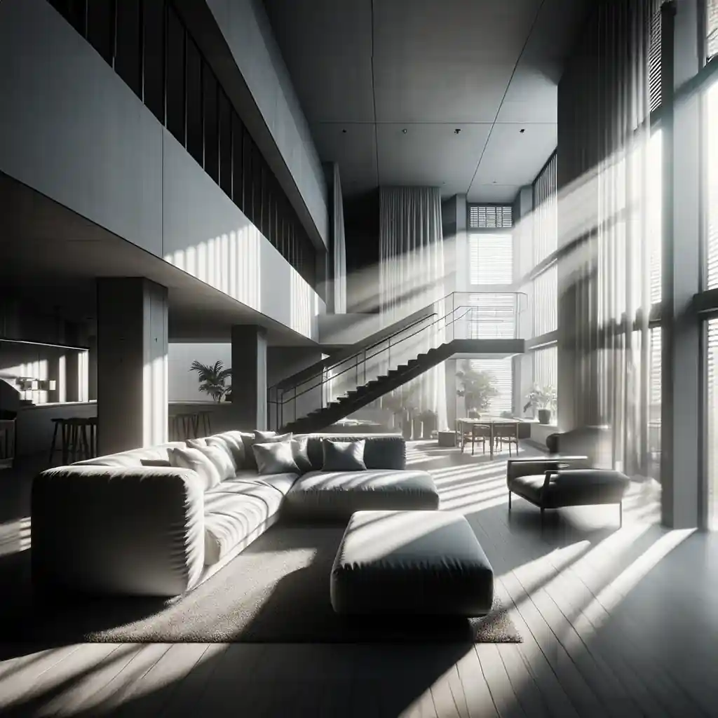 An architectural rendering showcased a living room with large windows and a staircase.
