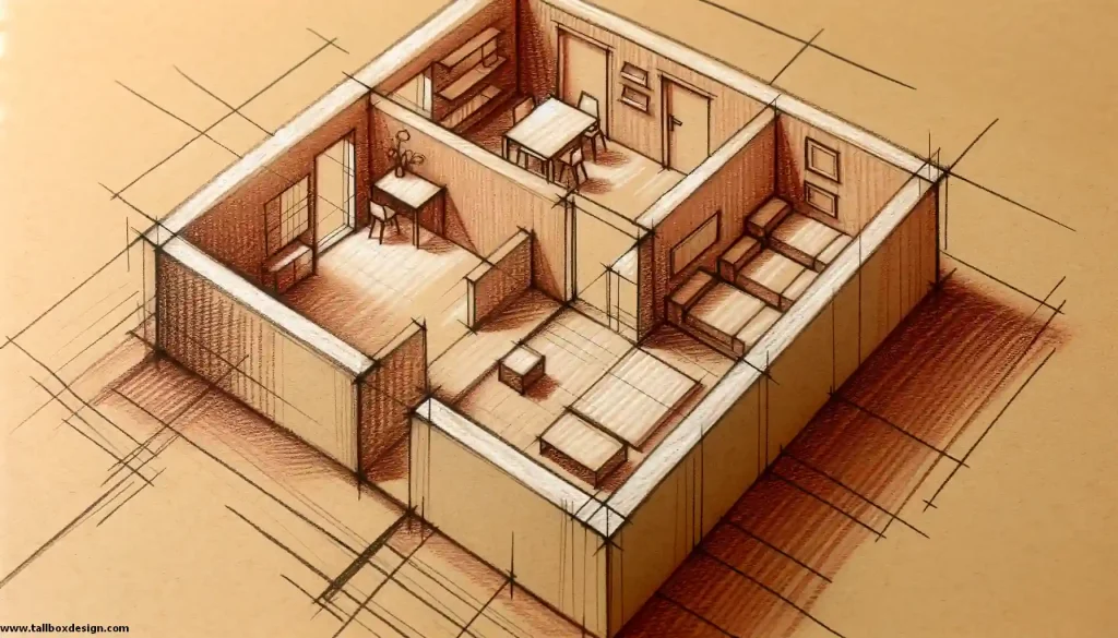 A pencil drawing of a small room with house style renovations.