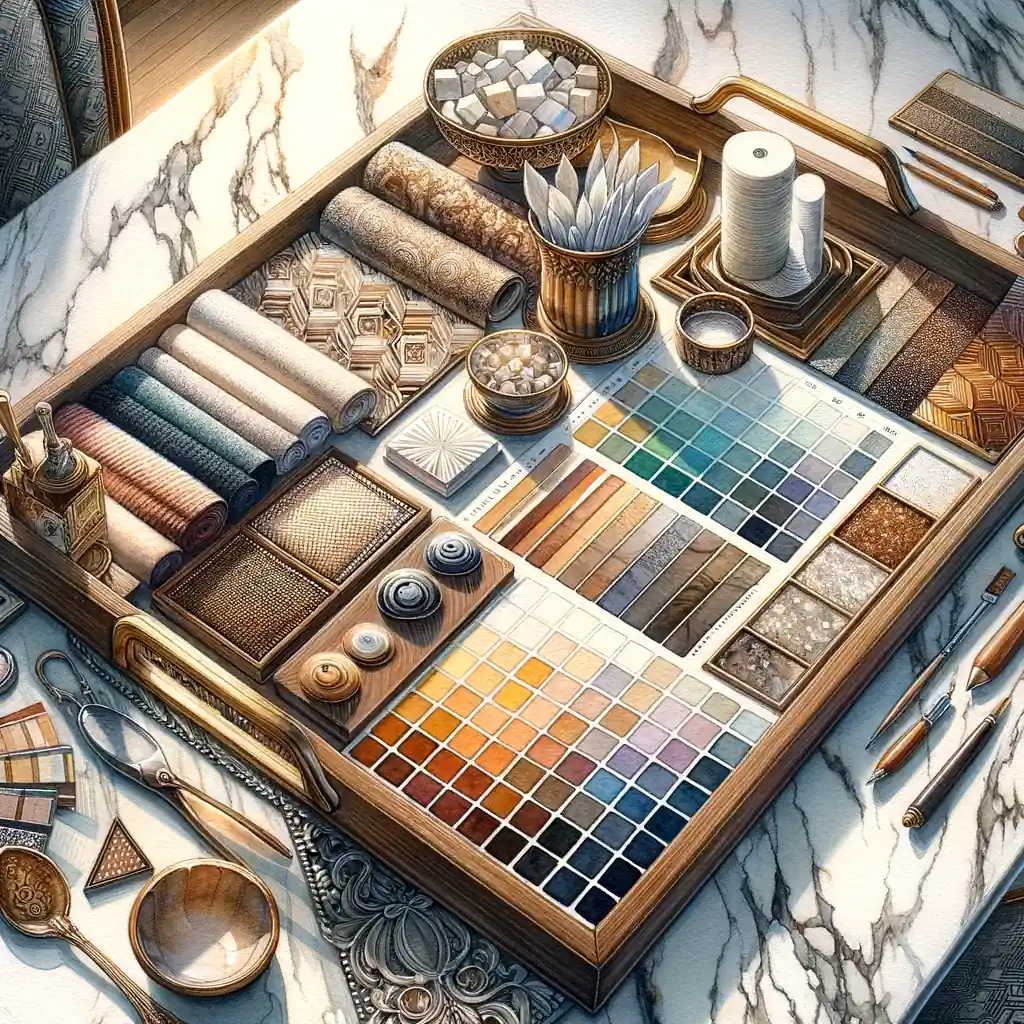 An interior design presentation featuring a 3D drawing of a tray showcasing various colors of paint.