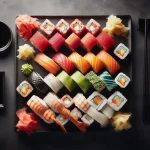 Assorted sushi rolls on a black tray with chopsticks – open house food ideas.