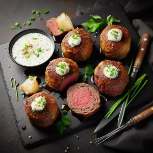 A plate of Beef Wellington bites with a sauce on it, perfect for a food idea at an open house.
