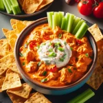 Delicious buffalo chicken dip served with celery and crackers, perfect open house food idea