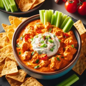 Delicious buffalo chicken dip served with celery and crackers, perfect open house food idea