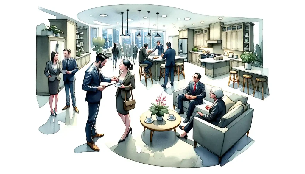 A drawing showcasing an open house event with a group of people in a kitchen.