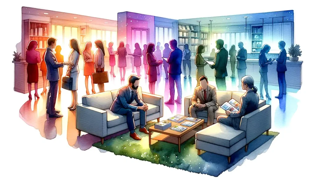 A group of people gathering in a room for an open house event.
