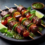 Creative open house idea: Serve Filet mignon skewers with chimichurri sauce with pesto sauce on a black plate is a perfect real estate open house snack idea