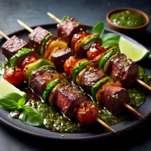 Creative open house idea: Serve Filet mignon skewers with chimichurri sauce with pesto sauce on a black plate is a perfect real estate open house snack idea