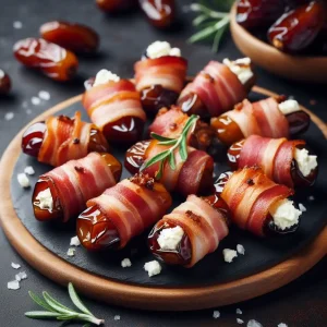 Goat cheese stuffed dates wrapped in bacon with feta cheese and sprigs of rosemary, a delicious food idea for open house is exactly what to serve at an open house.