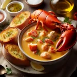 Lobster bisque soup with garlic bread on a table is great open house treat idea