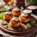 Creative snack idea for an open house is Mini crab cakes with aioli sauce on a wooden plate.