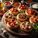 Mini pizza bites with various toppings (pepperoni, sausage, mushroom on a wooden board, perfect snack for an open house