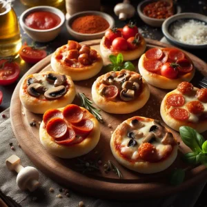 Mini pizza bites with various toppings (pepperoni, sausage, mushroom on a wooden board, perfect snack for an open house
