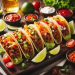 Mexican mini tacos on a wooden cutting board, with ground beef or chicken and various toppings - one of the great examples for open house snacks