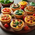 A tray of delicious mini quiches with spinach, tomatoes, bacon, and mushrooms as a snack for an long open house party.