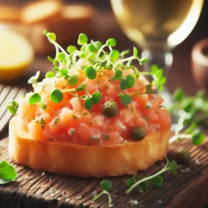Delicious food ideas for an open house include smoked salmon on toasted bread paired with a glass of wine.