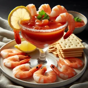 A plate of shrimp and crackers, a perfect food idea for an luxury open house.