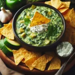 A bowl of spinach dip with tortilla chips and sour cream, perfect for creative and healthy open house food idea.