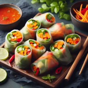 Vietnamese spring rolls on a wooden cutting board served with refreshment is another great idea for open house