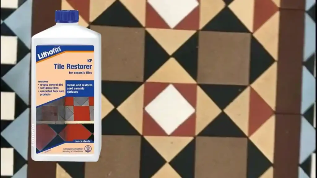 A bottle of tile restorer on a narrow Victorian terrace hallway.