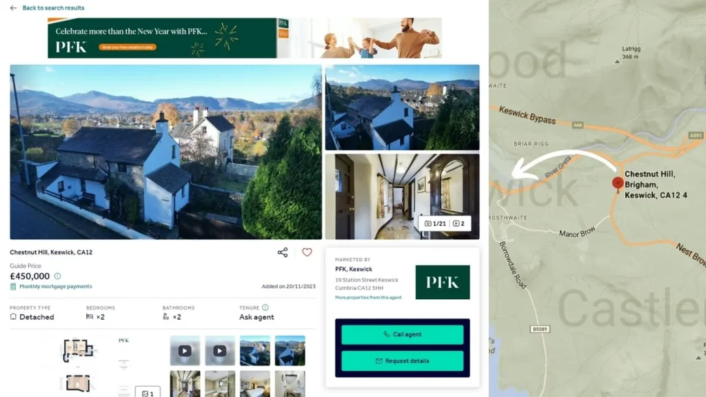 A map displaying the precise location of houses available for purchase in the Lake District / Chestnut Hill, Keswick, CA12