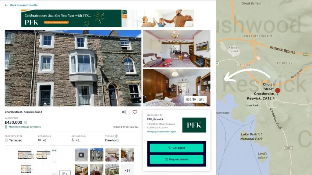 A map displaying the location of houses available for purchase in the stunning Lake District / Church Street, Keswick, CA12
