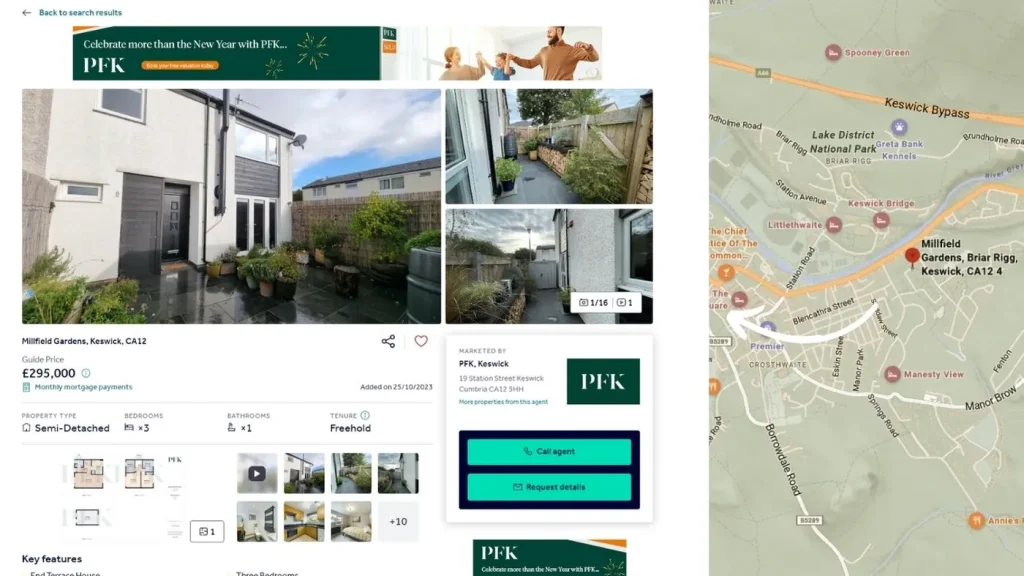 A map displaying the location of available properties for purchase in the Lake District / Millfield Gardens, Keswick, CA12