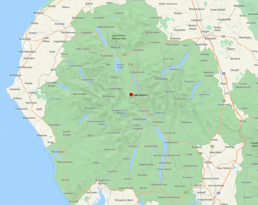 A map displaying houses to buy in the Lake District, marked with a white dot.