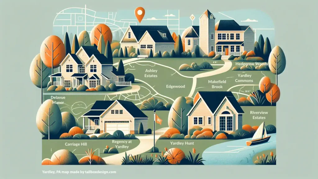 An illustration of a houses and good streets in Yardley, PA with trees and a boat.