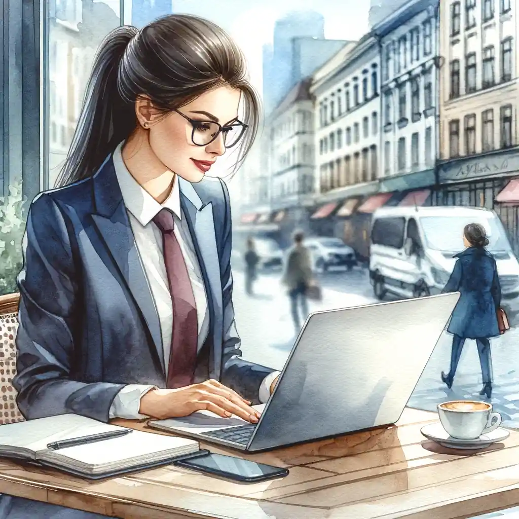 A woman in a suit is working on a laptop in a cafe.