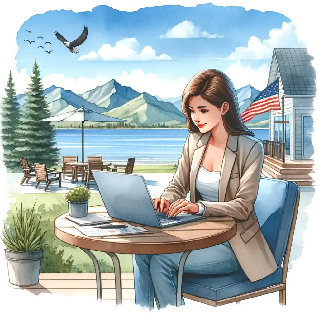 A real estate agent is sitting at a table with a laptop in front of a lake.