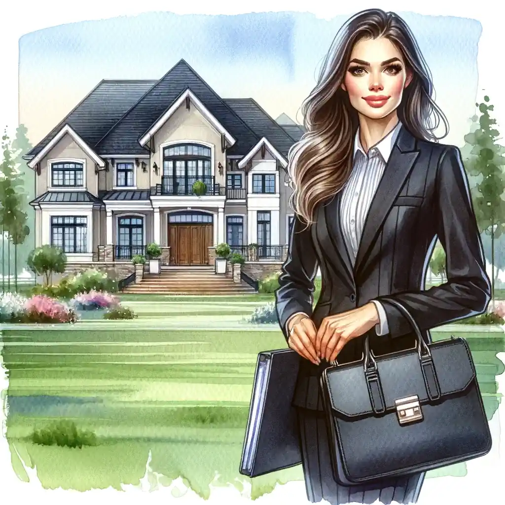 A woman holding a laptop briefcase in front of a house, showcasing a house.