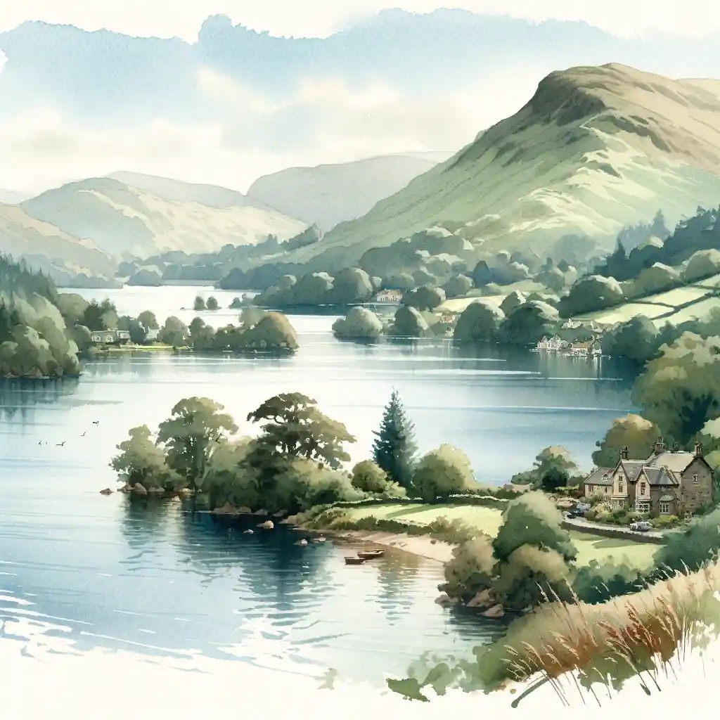 A picturesque watercolor painting capturing the serene beauty of a countryside Lake District.