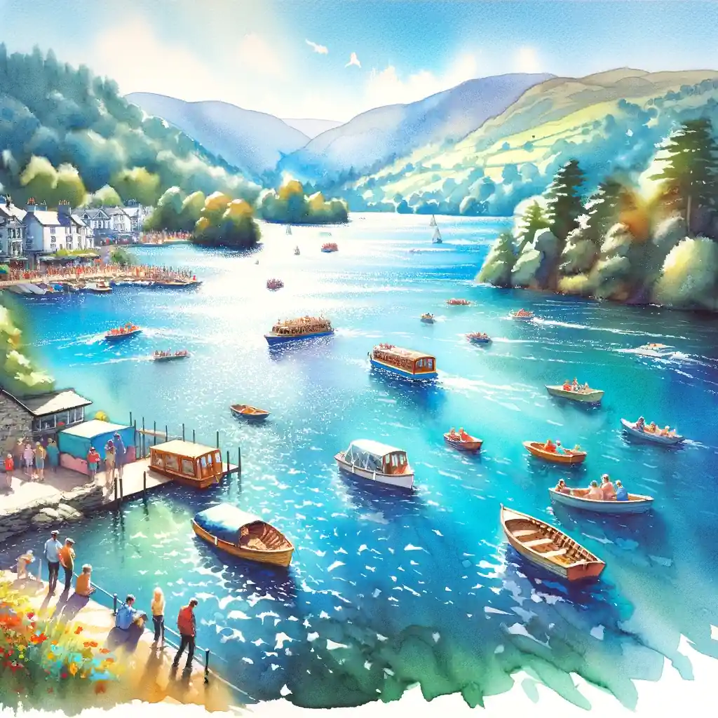 Watercolor painting featuring boats peacefully docked in a serene lake.