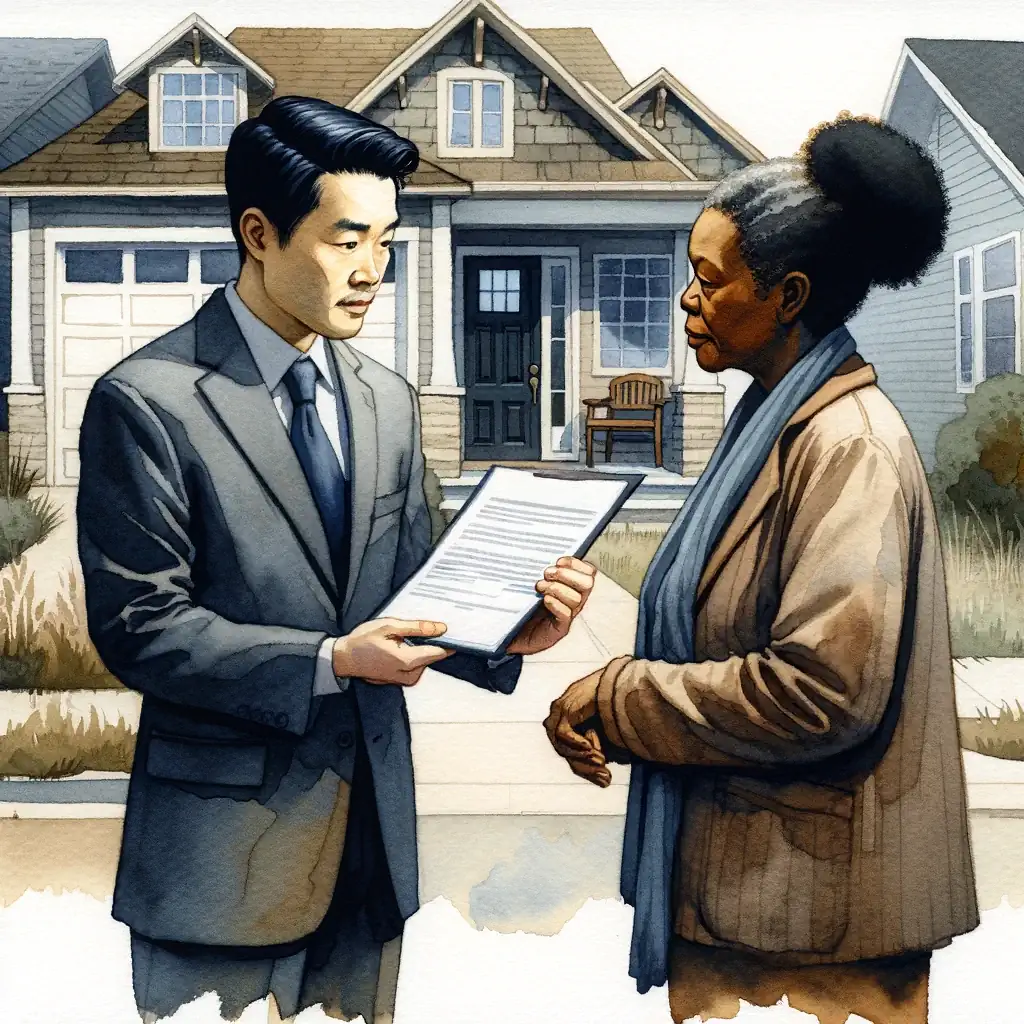 A bank person is handing a Pre-Foreclosure document in front of a house.