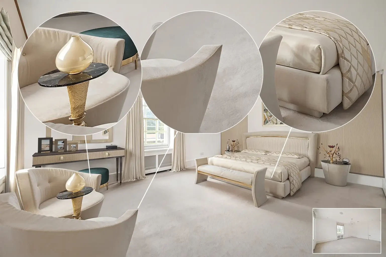 Four pictures of a bedroom with a bed, dresser and mirror enhanced by Luxury Virtual Staging.