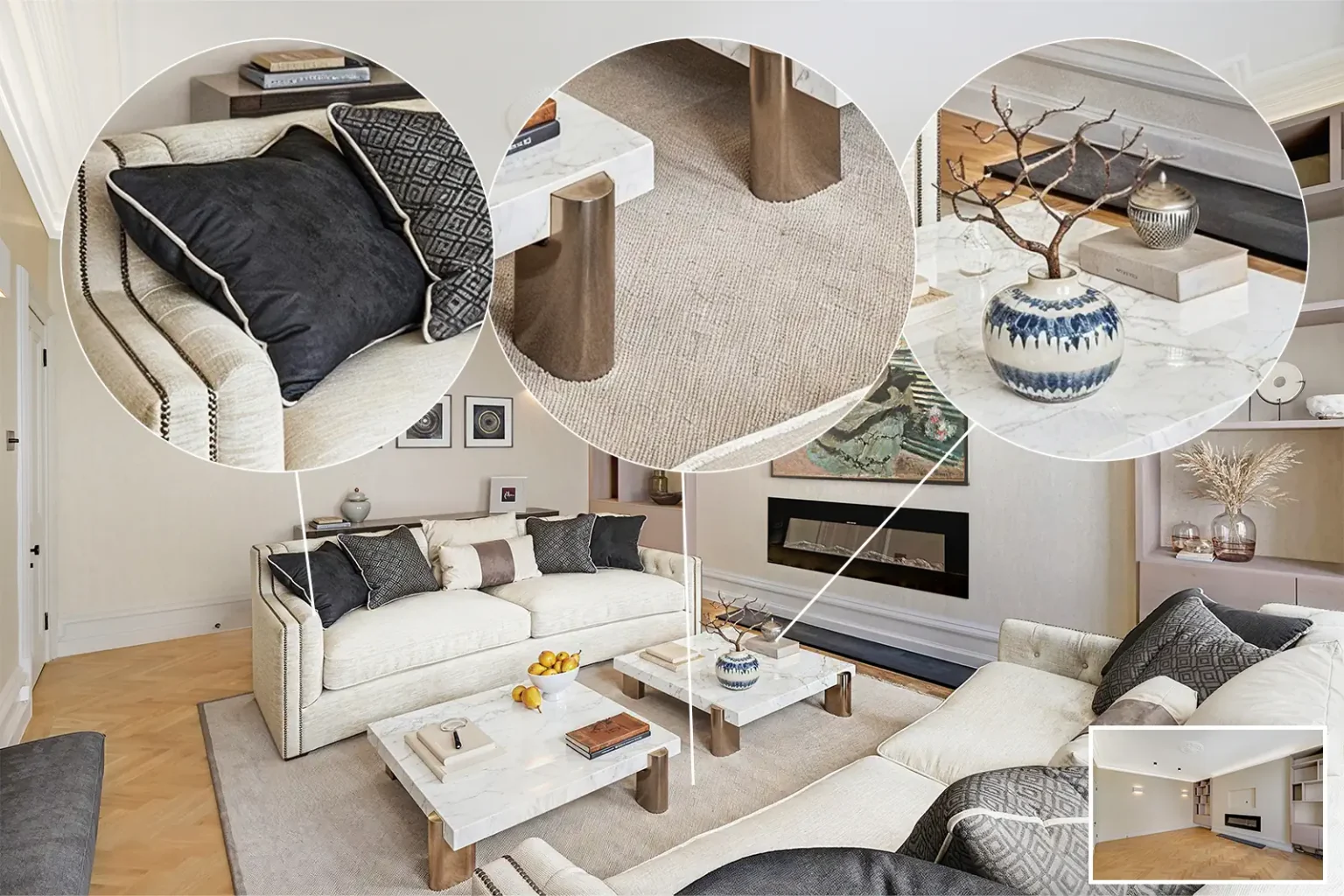 A High-End collage of pictures of a living room.