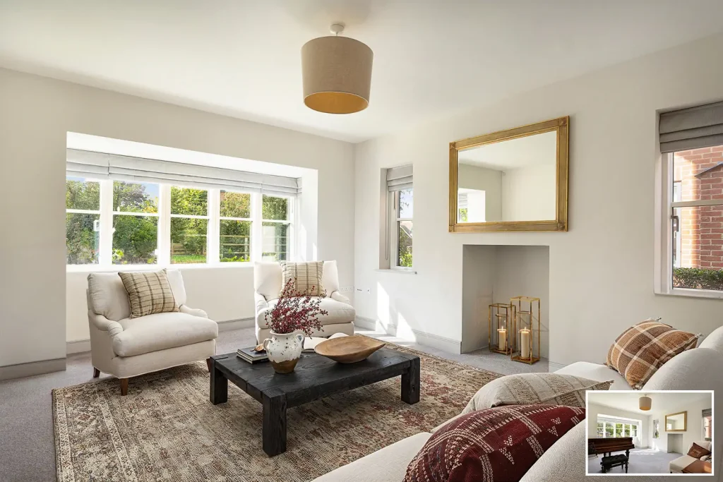 A living room with white furniture and a large window, enhanced by virtual staging services.