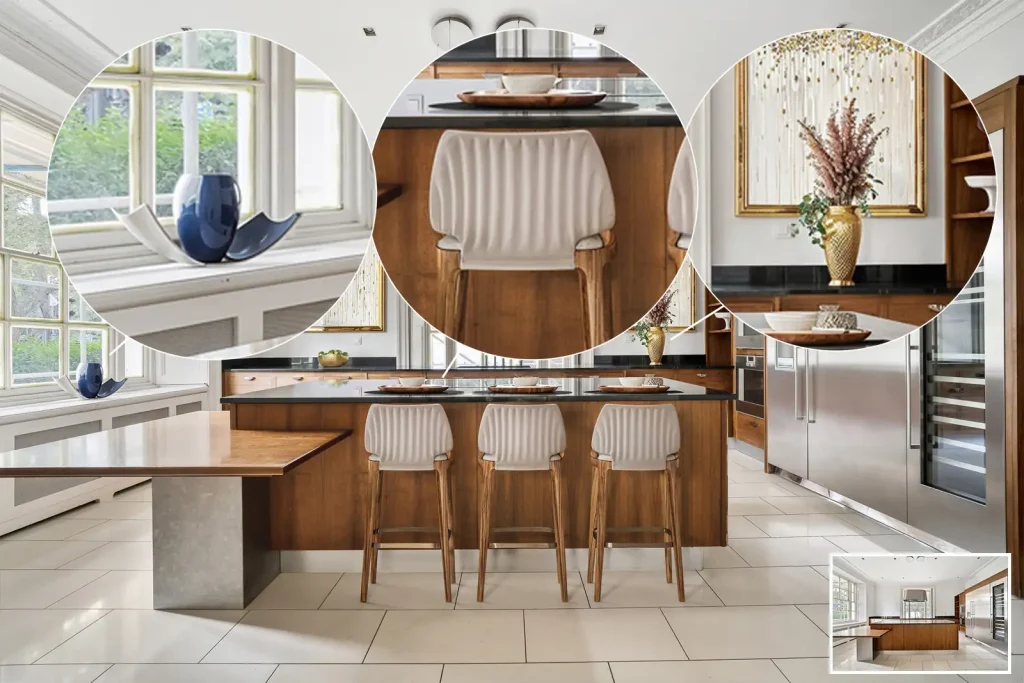 A high-end virtual staging service showcasing a collage of photos of a kitchen and dining room, expertly designed by virtual staging experts.
