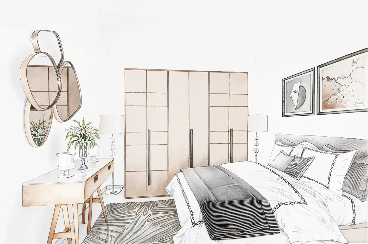 A digital interior design rendering of a bedroom with a bed, dresser, and mirror.