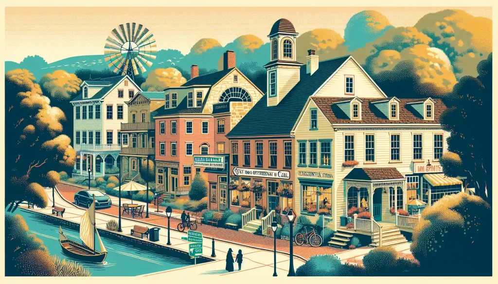 A serene painting capturing the essence of a town, featuring charming houses and a boat gracefully included.
