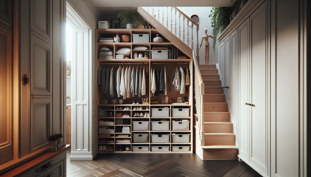 A closet with shelves and a staircase, perfect for organizing belongings in a long hallway.