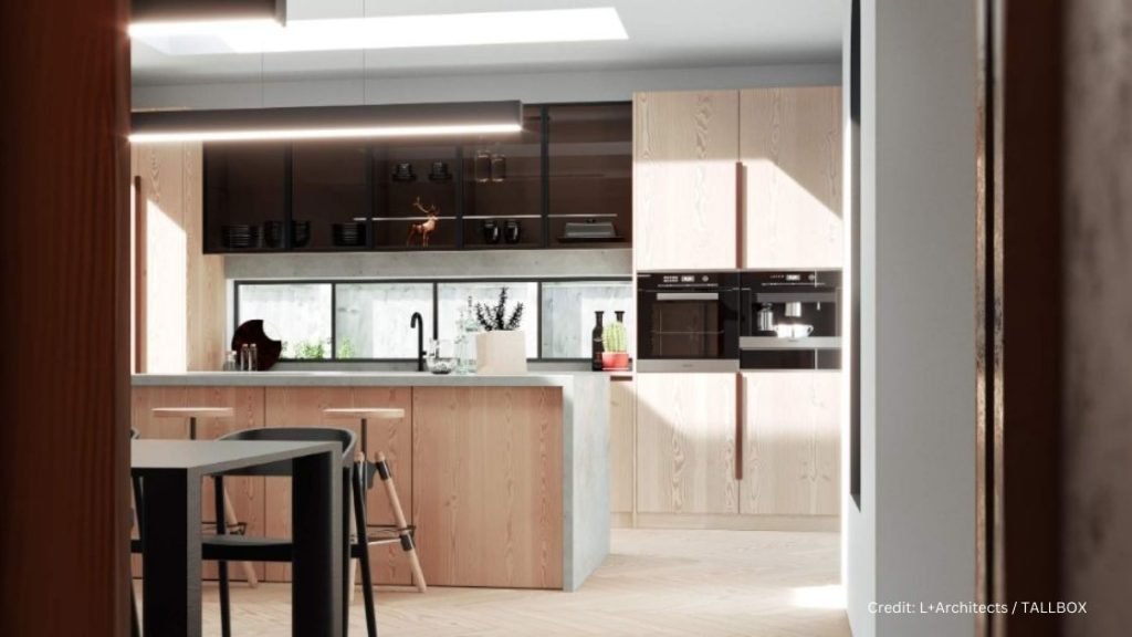 An image showcasing a Japandi-style modern kitchen with wooden cabinets.