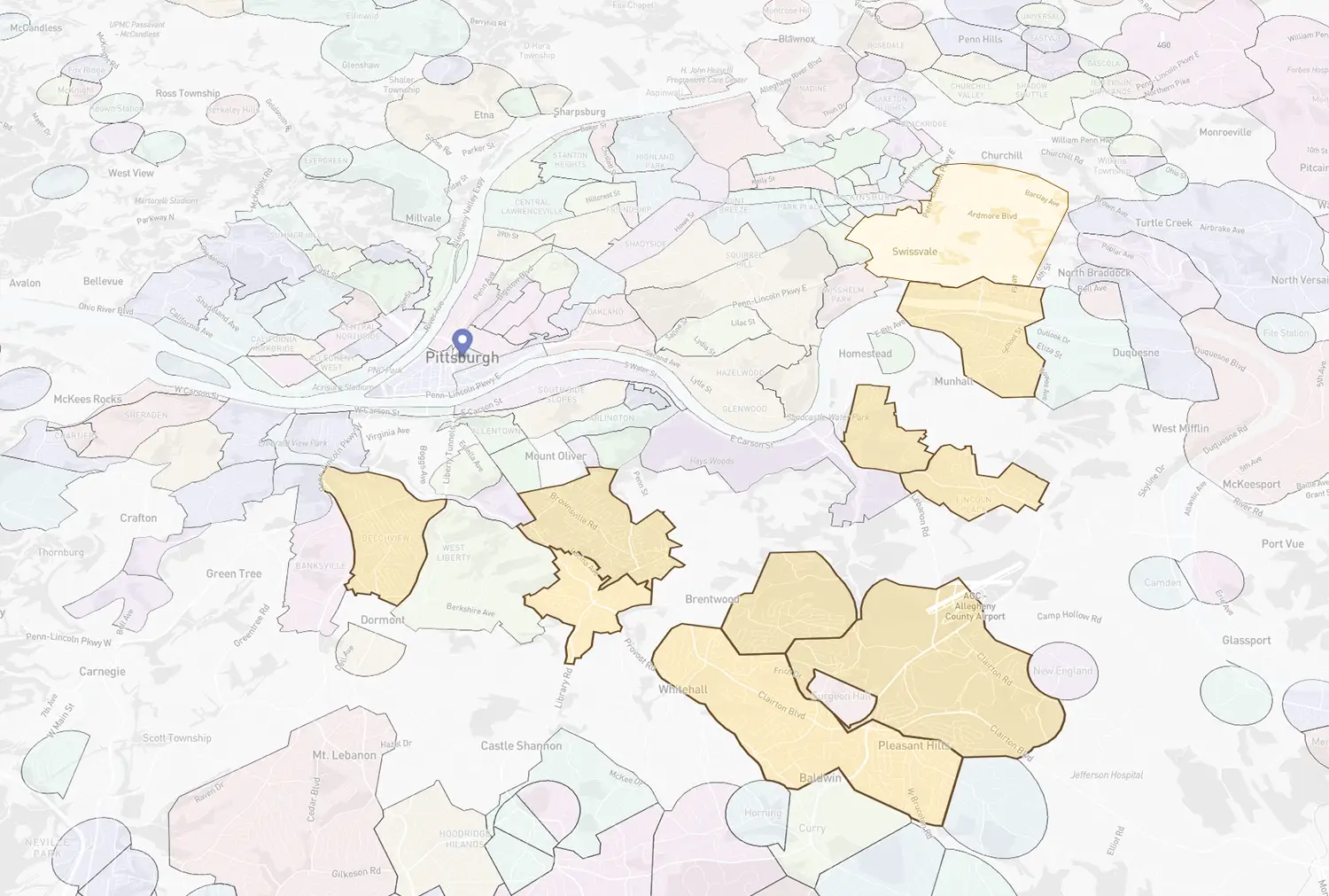 A map showing the cheapest places to live in Pittsburgh.