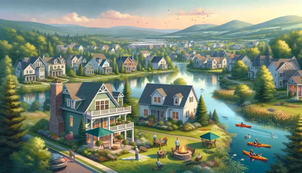 Illustration of houses and a river, inspired by the quaint charm of some of the cheapest places to live in PA.