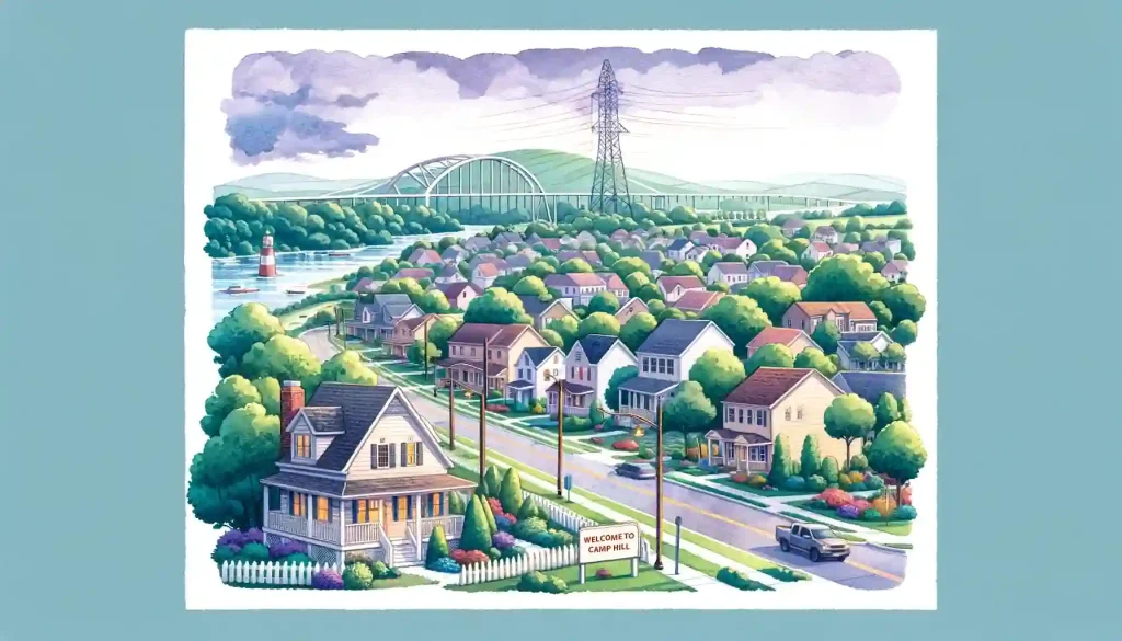 A painting of a Camp HIll city with houses and trees, showcasing places to live.