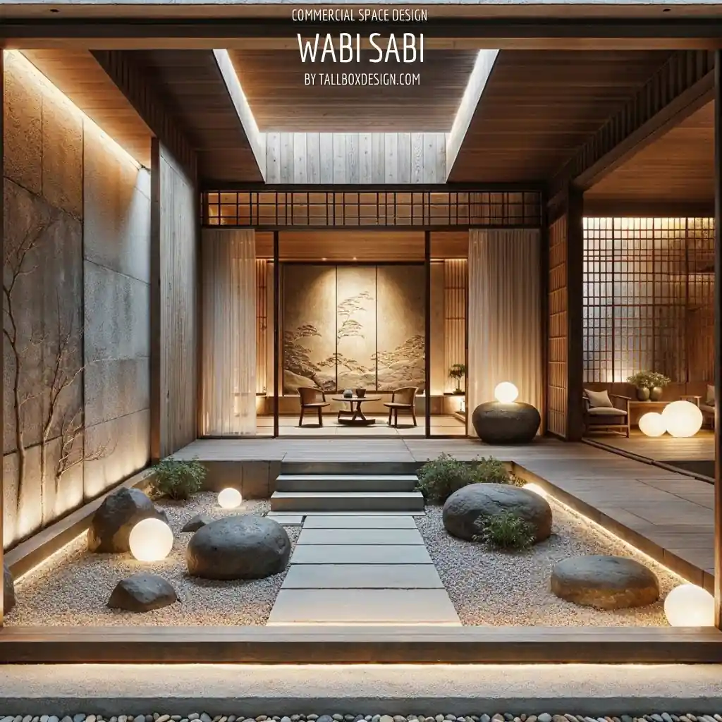 A wabi sabi style cafe with a stone walkway and lighting.