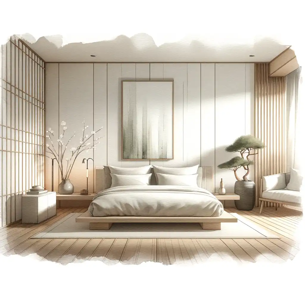 A Japandi-style drawing of a bedroom with white walls and wooden floors.
